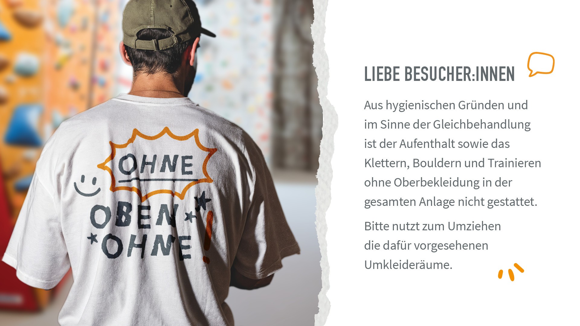 obenohne1 Mann mit T Shirt und Aufschrift "Oben Ohne" und die Erklärung der Hallenregel, dass Männer nicht oberkörperfrei klettern und boulderm dürfen